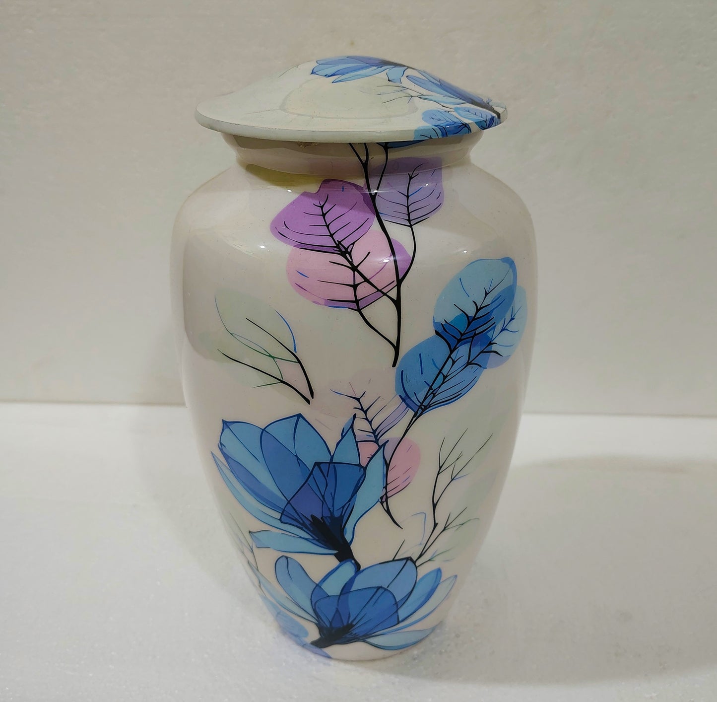 Elegant Floral Aluminum Cremation Urn – White with Blue & Purple Blossom Design - 10 inches with Velvet Bag