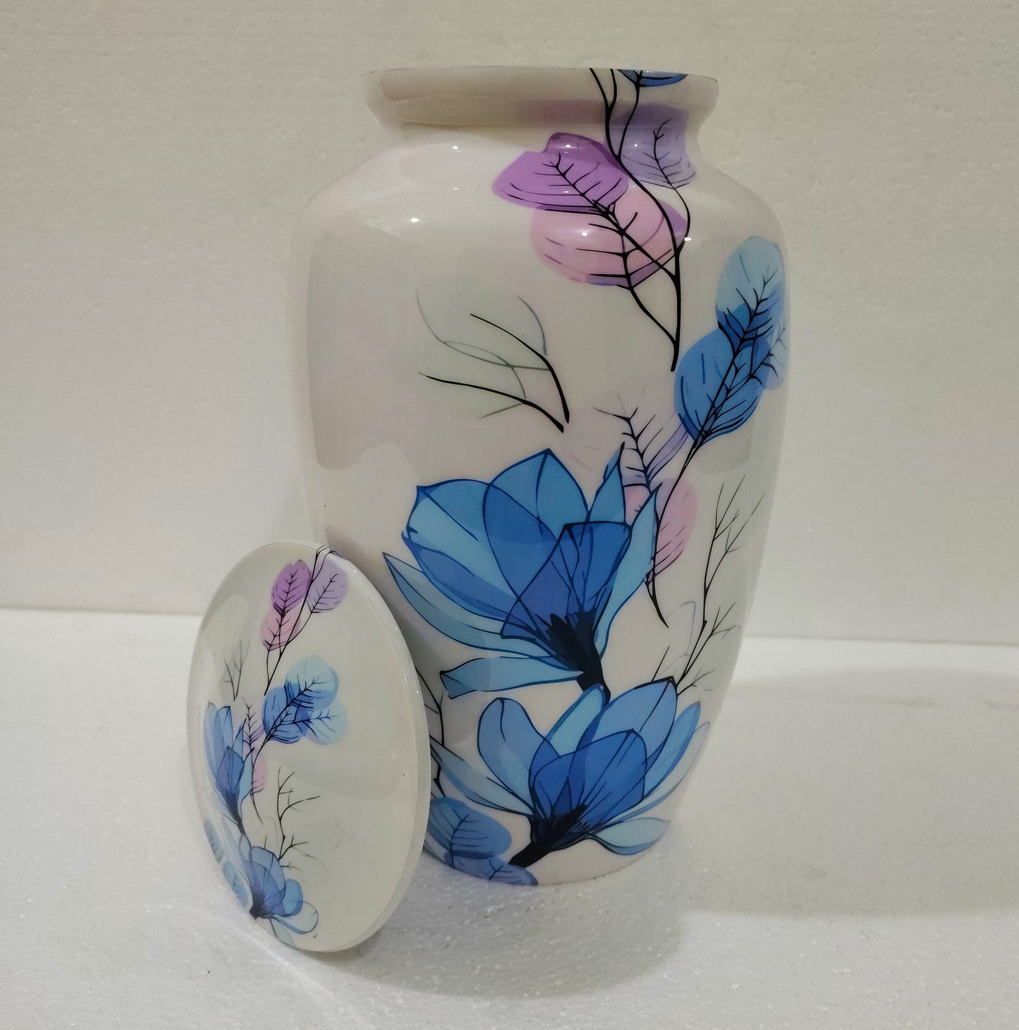Elegant Floral Aluminum Cremation Urn – White with Blue & Purple Blossom Design - 10 inches with Velvet Bag