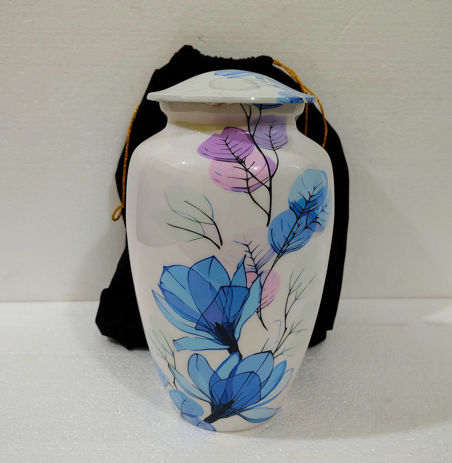 Elegant Floral Aluminum Cremation Urn – White with Blue & Purple Blossom Design - 10 inches with Velvet Bag