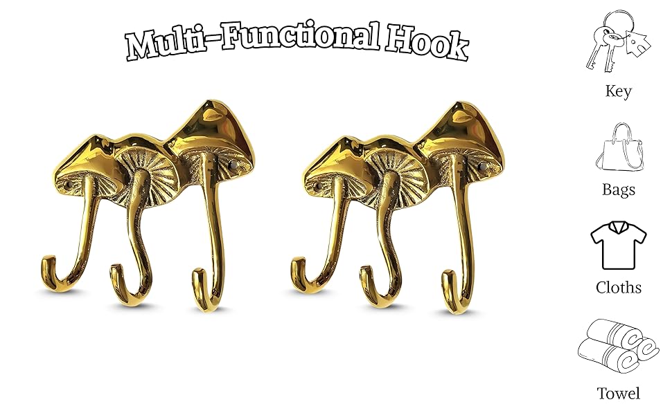 Whimsical Brass Mushroom Wall Hook Sculpture – Unique Home & Office Décor Piece ( Set of 3)