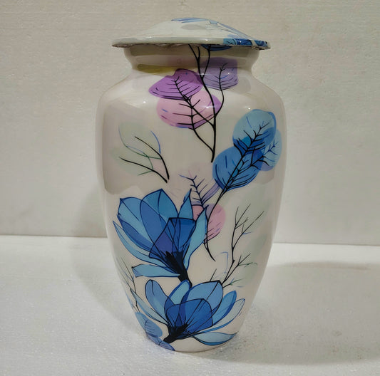 Elegant Floral Aluminum Cremation Urn – White with Blue & Purple Blossom Design - 10 inches with Velvet Bag