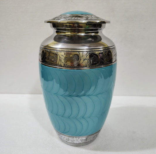 Azure Grace Cremation Urn – Handcrafted Aluminum with Engraved Floral Band 10 inches with Velvet Bag