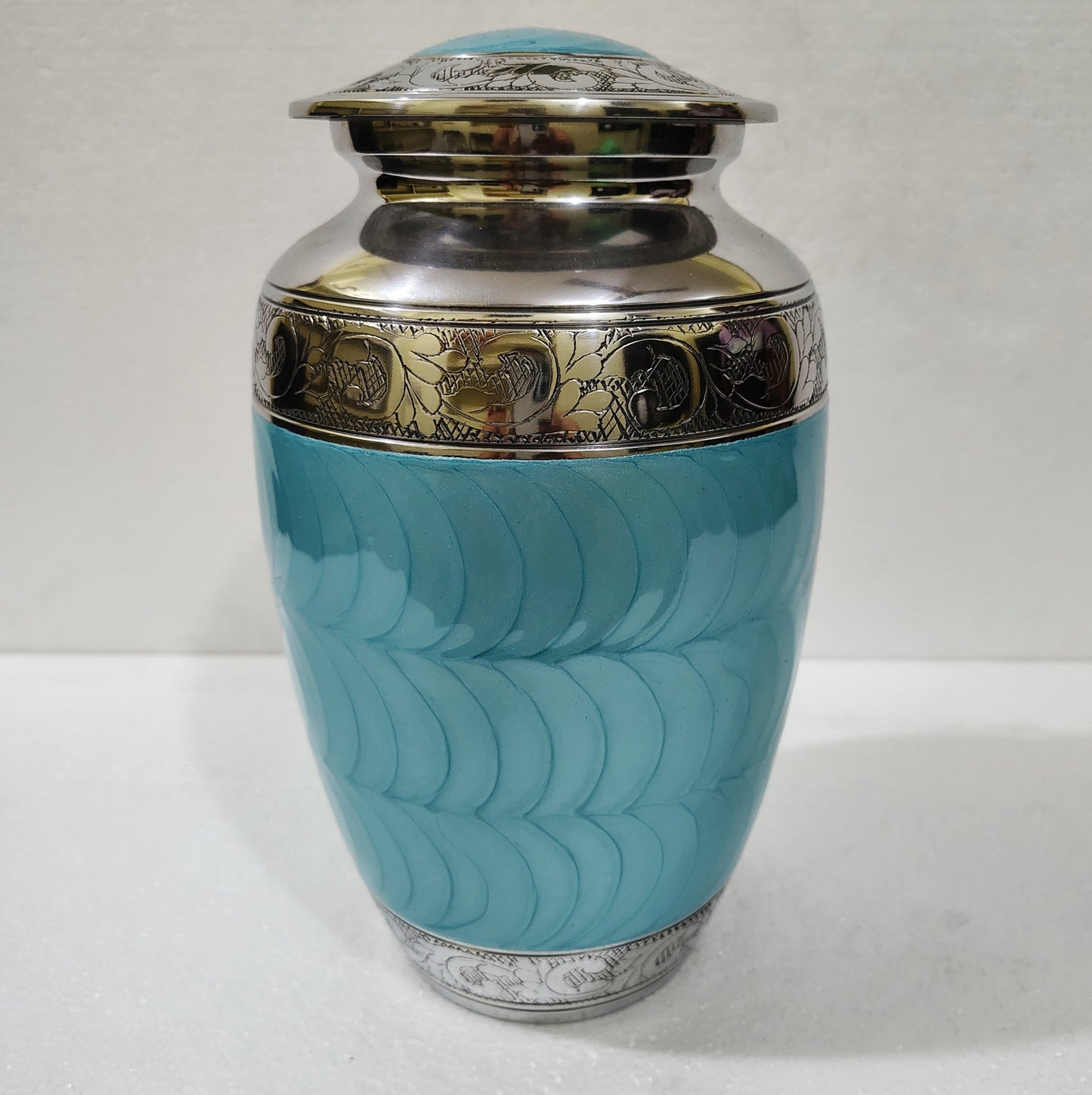 Azure Grace Cremation Urn – Handcrafted Aluminum with Engraved Floral Band 10 inches with Velvet Bag