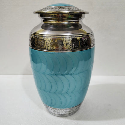 Azure Grace Cremation Urn – Handcrafted Aluminum with Engraved Floral Band 10 inches with Velvet Bag
