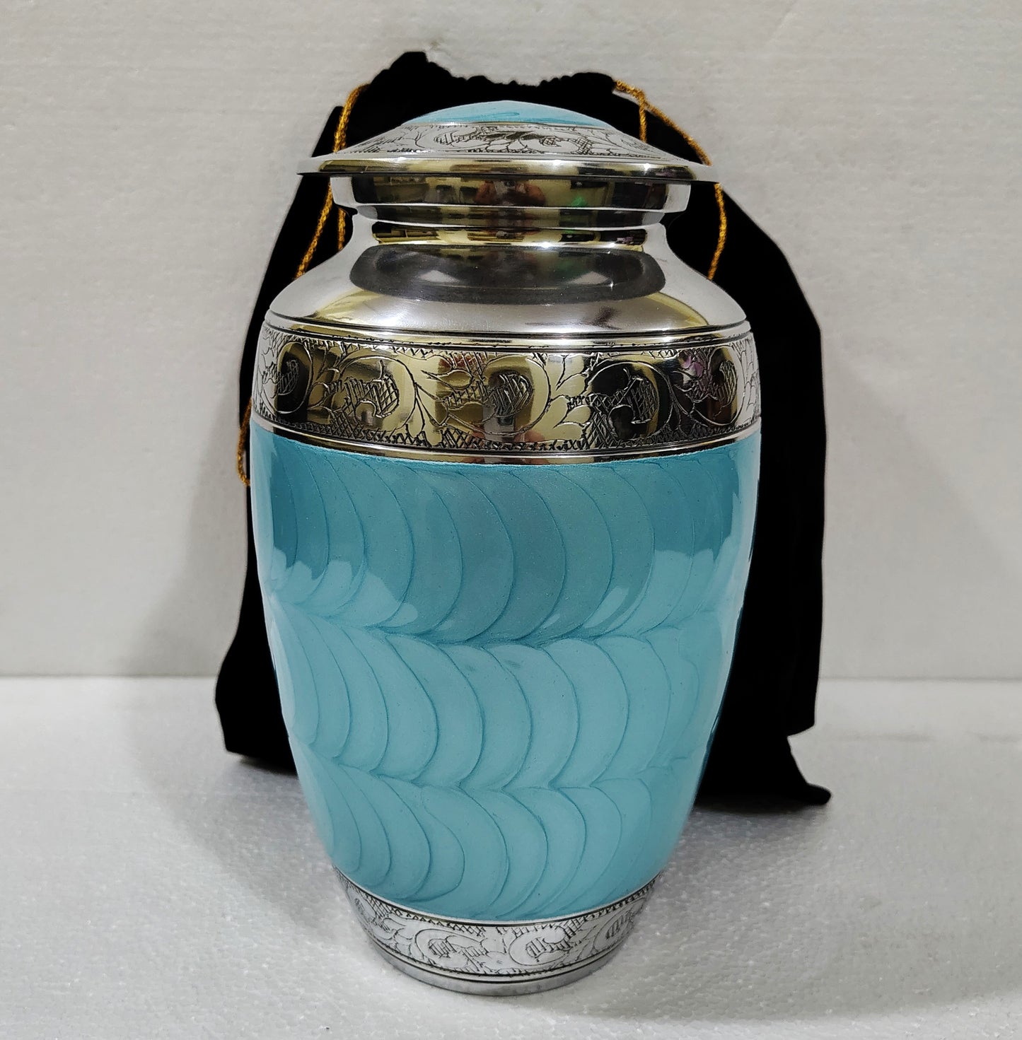 Azure Grace Cremation Urn – Handcrafted Aluminum with Engraved Floral Band 10 inches with Velvet Bag