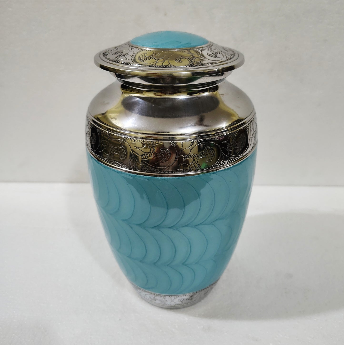 Azure Grace Cremation Urn – Handcrafted Aluminum with Engraved Floral Band 10 inches with Velvet Bag