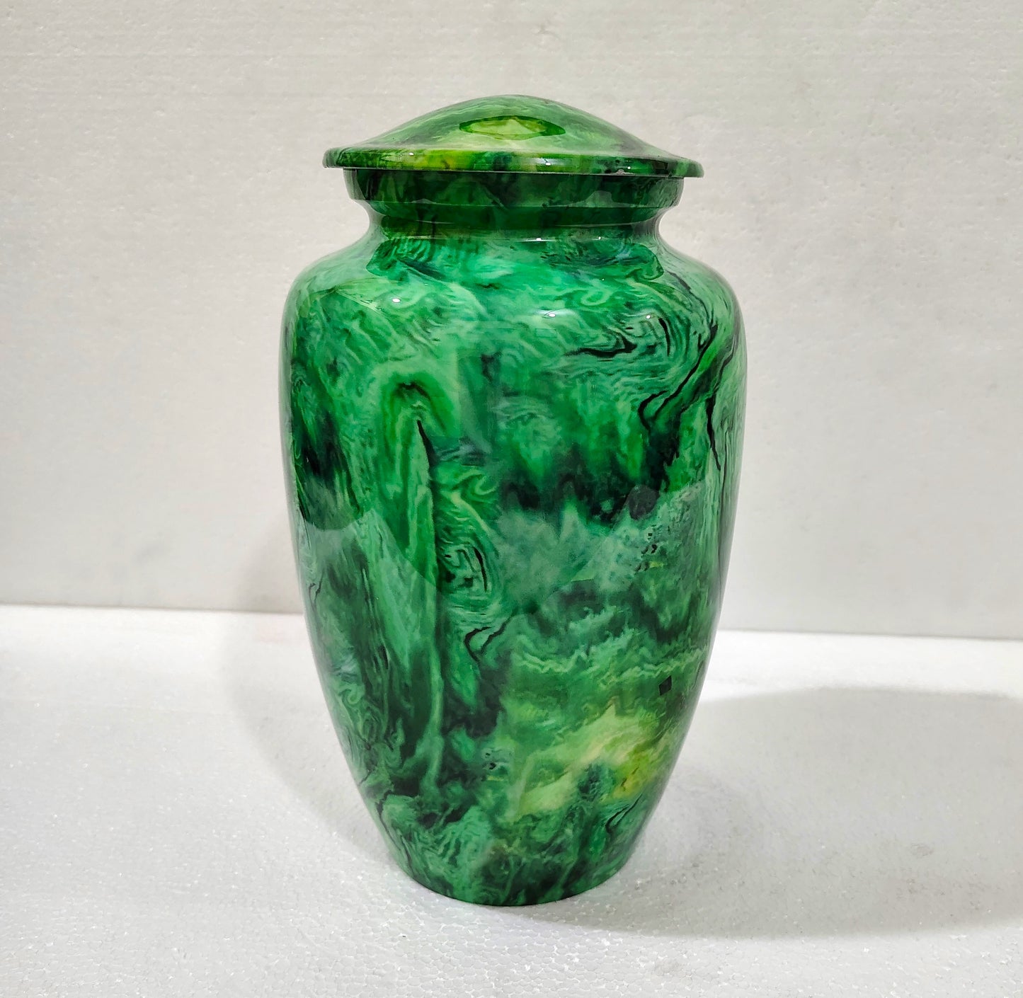 Emerald Whispers of Peace – Handcrafted Aluminum Cremation Urn, 10 Inches with Velvet Bag