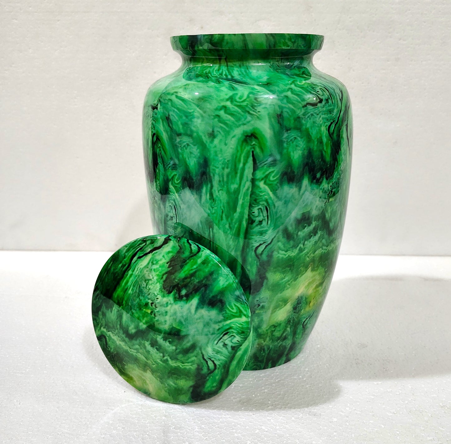 Emerald Whispers of Peace – Handcrafted Aluminum Cremation Urn, 10 Inches with Velvet Bag