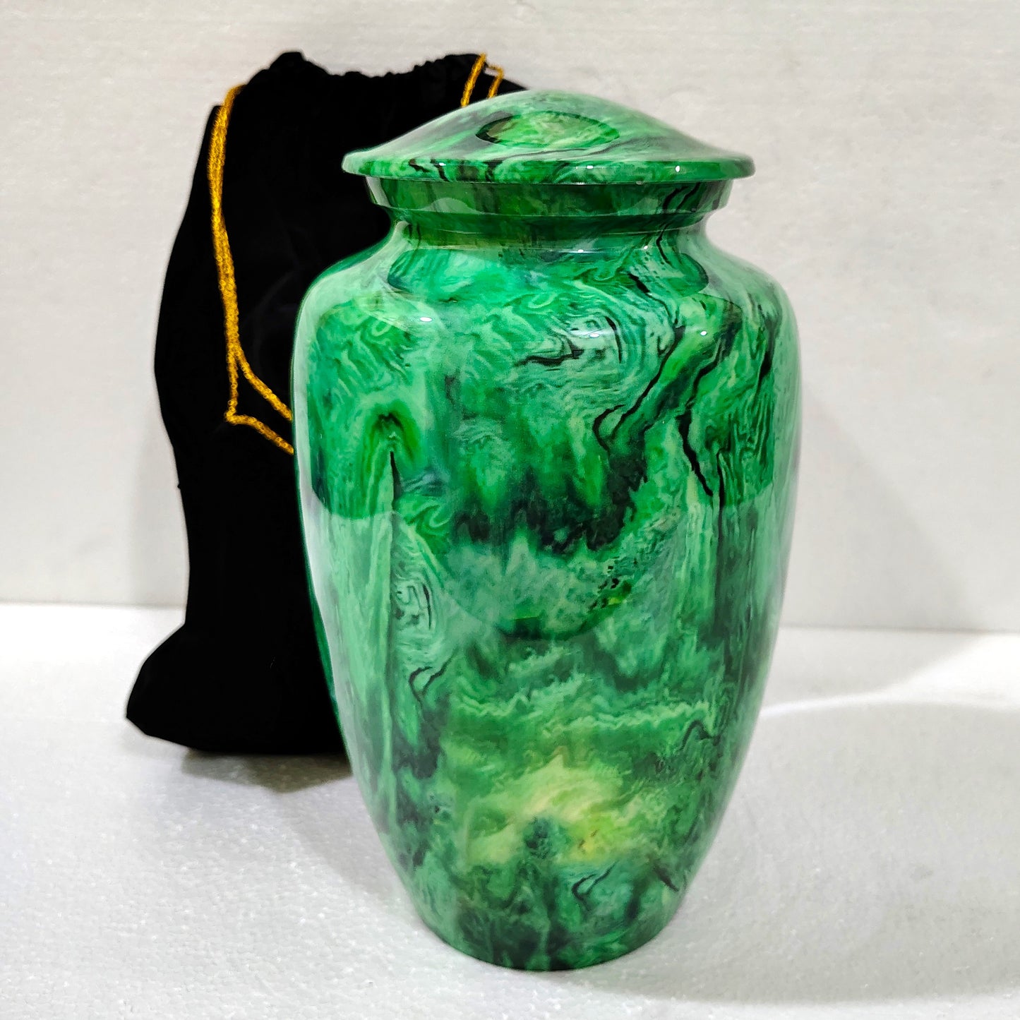 Emerald Whispers of Peace – Handcrafted Aluminum Cremation Urn, 10 Inches with Velvet Bag