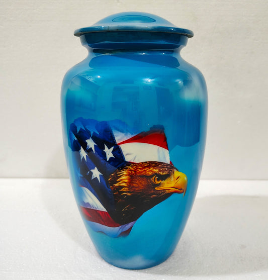 Wings of Valor – Patriotic Aluminum Cremation Urn for ashes with Bald Eagle & American Flag Design 10 Inches with Velvet Bag