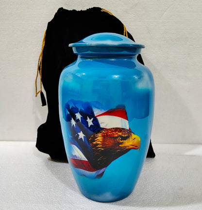 Wings of Valor – Patriotic Aluminum Cremation Urn for ashes with Bald Eagle & American Flag Design 10 Inches with Velvet Bag