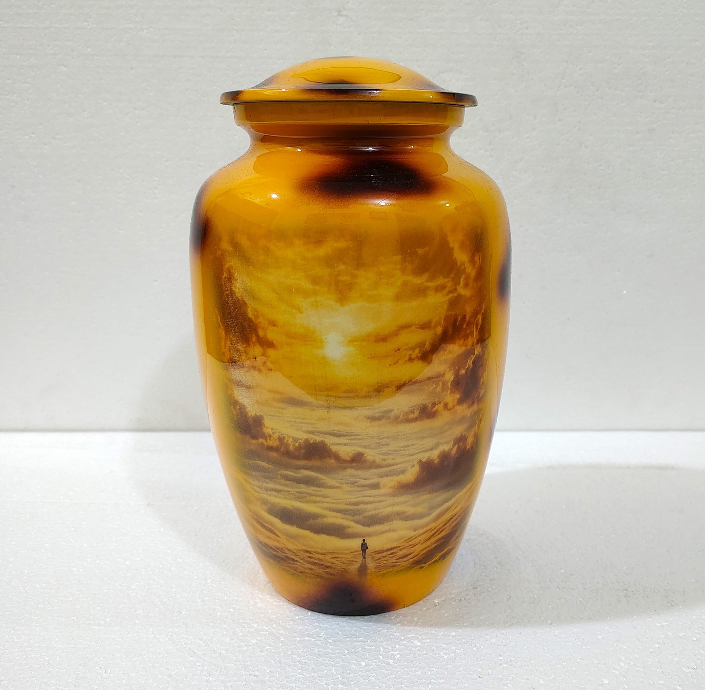 Golden Horizon Sunset Urn – Aluminum Cremation Urn for Ashes with Solitary Skywalk Design 10 Inches with Velvet Bag