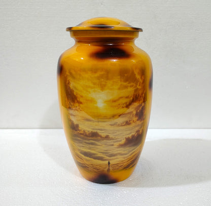 Golden Horizon Sunset Urn – Aluminum Cremation Urn for Ashes with Solitary Skywalk Design 10 Inches with Velvet Bag