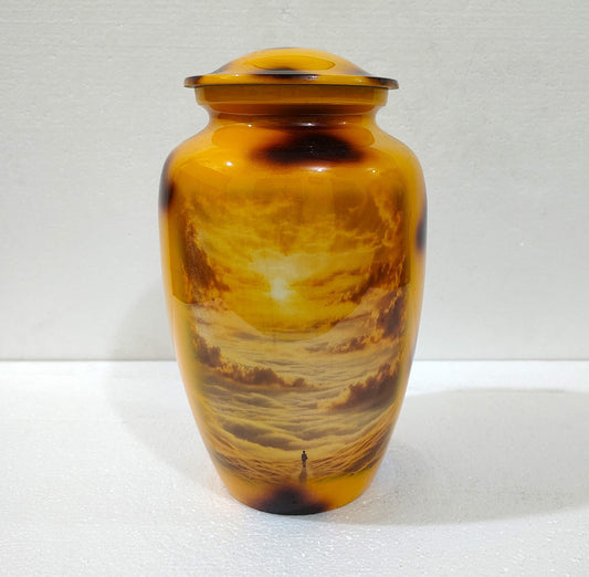 Golden Horizon Sunset Urn – Aluminum Cremation Urn for Ashes with Solitary Skywalk Design 10 Inches with Velvet Bag