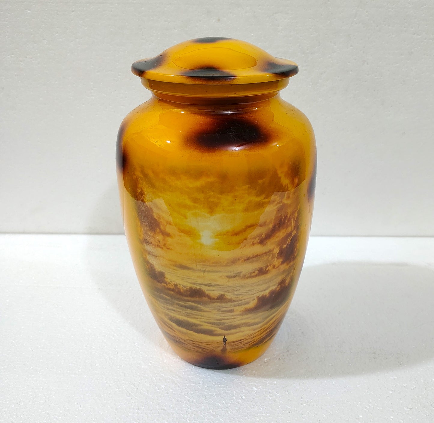 Golden Horizon Sunset Urn – Aluminum Cremation Urn for Ashes with Solitary Skywalk Design 10 Inches with Velvet Bag