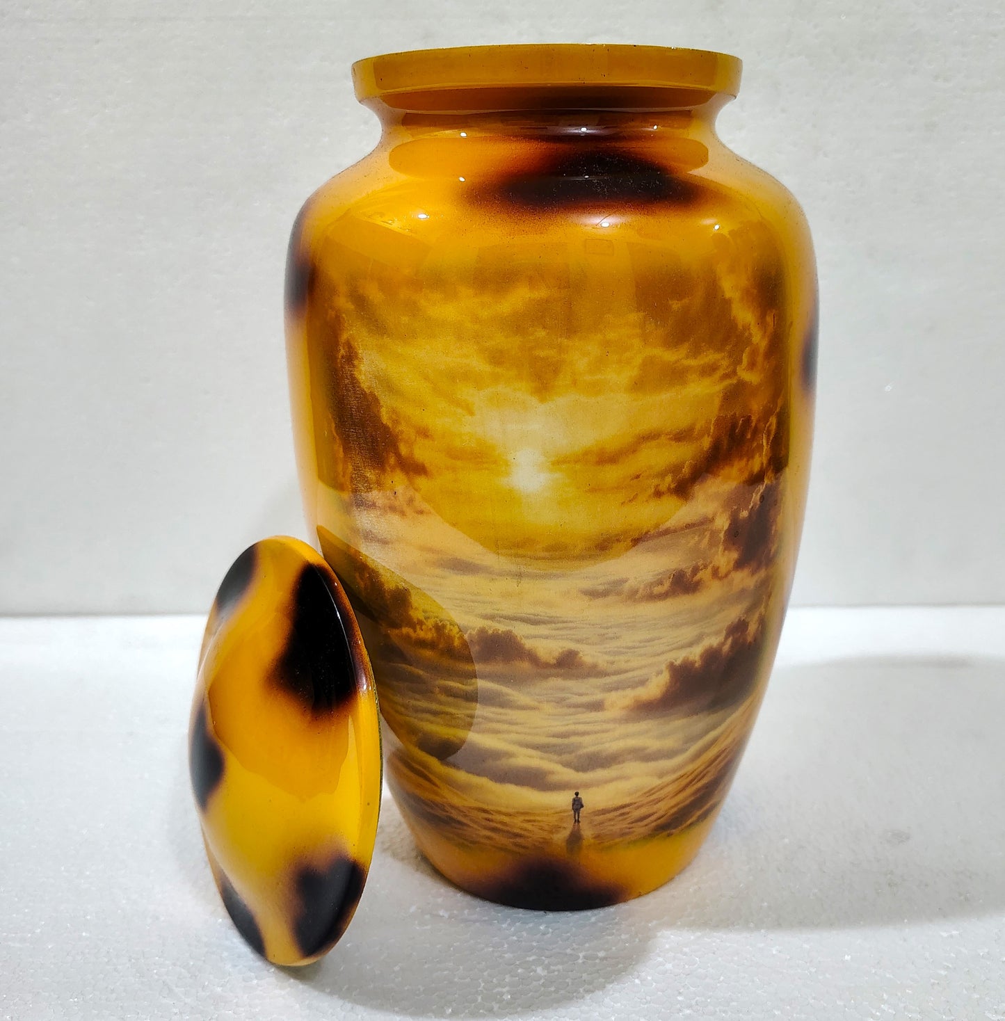 Golden Horizon Sunset Urn – Aluminum Cremation Urn for Ashes with Solitary Skywalk Design 10 Inches with Velvet Bag