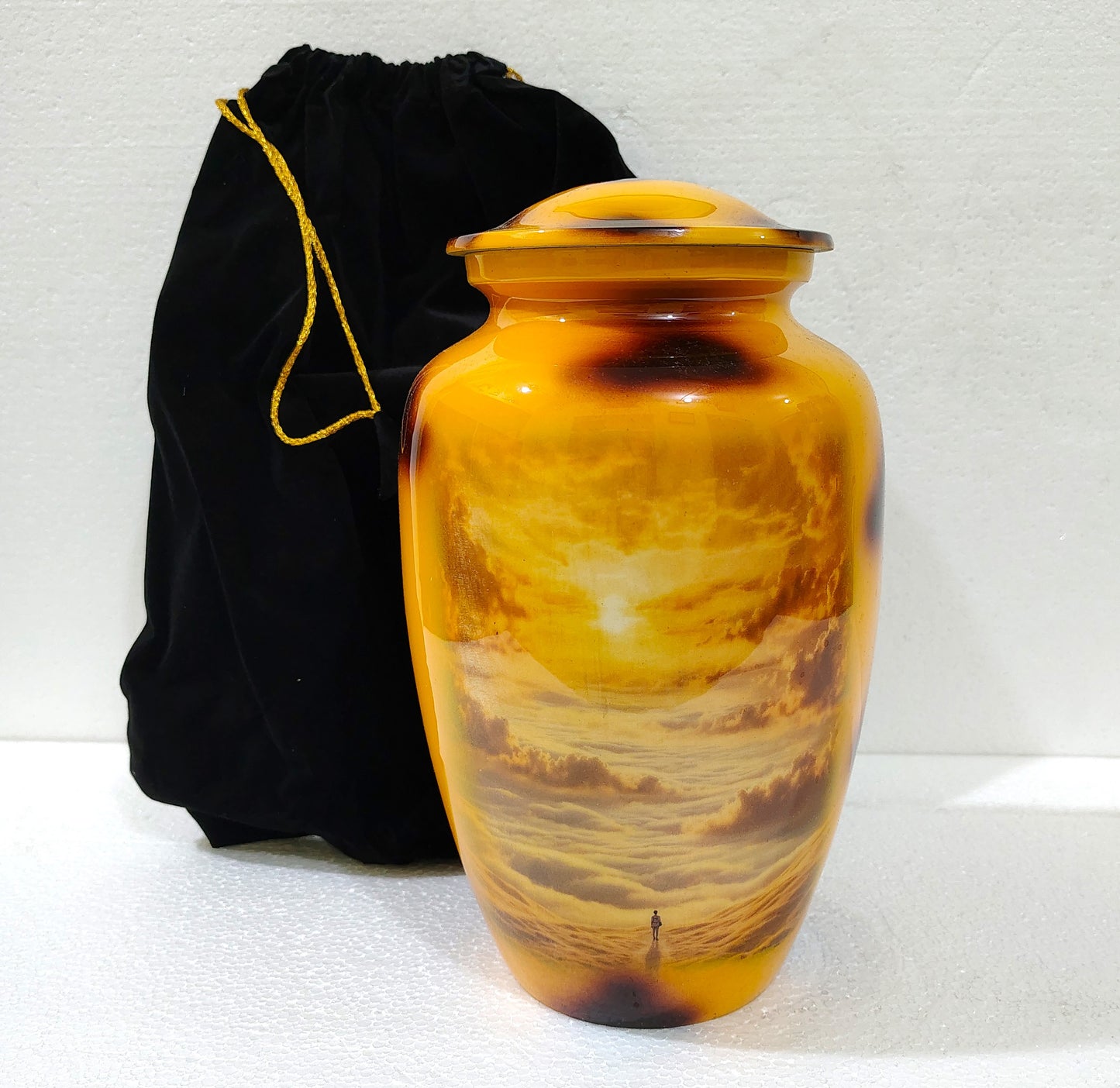 Golden Horizon Sunset Urn – Aluminum Cremation Urn for Ashes with Solitary Skywalk Design 10 Inches with Velvet Bag