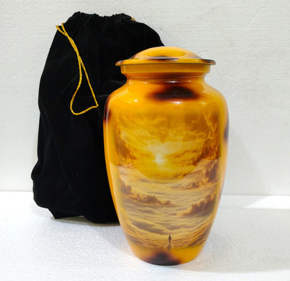 Golden Horizon Sunset Urn – Aluminum Cremation Urn for Ashes with Solitary Skywalk Design 10 Inches with Velvet Bag