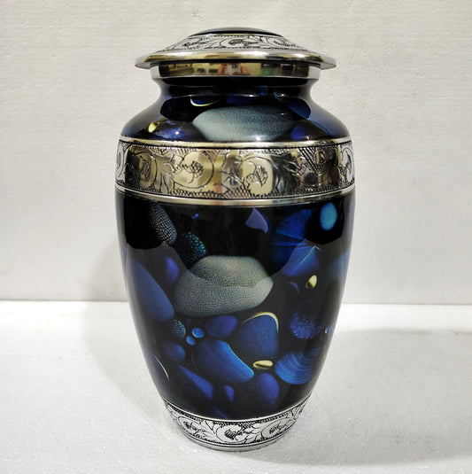 Midnight Sonata – Artisan Memorial Cremation Urn for Ashes in Deep Indigo and Silver, 10 Inches with Velvet Bag