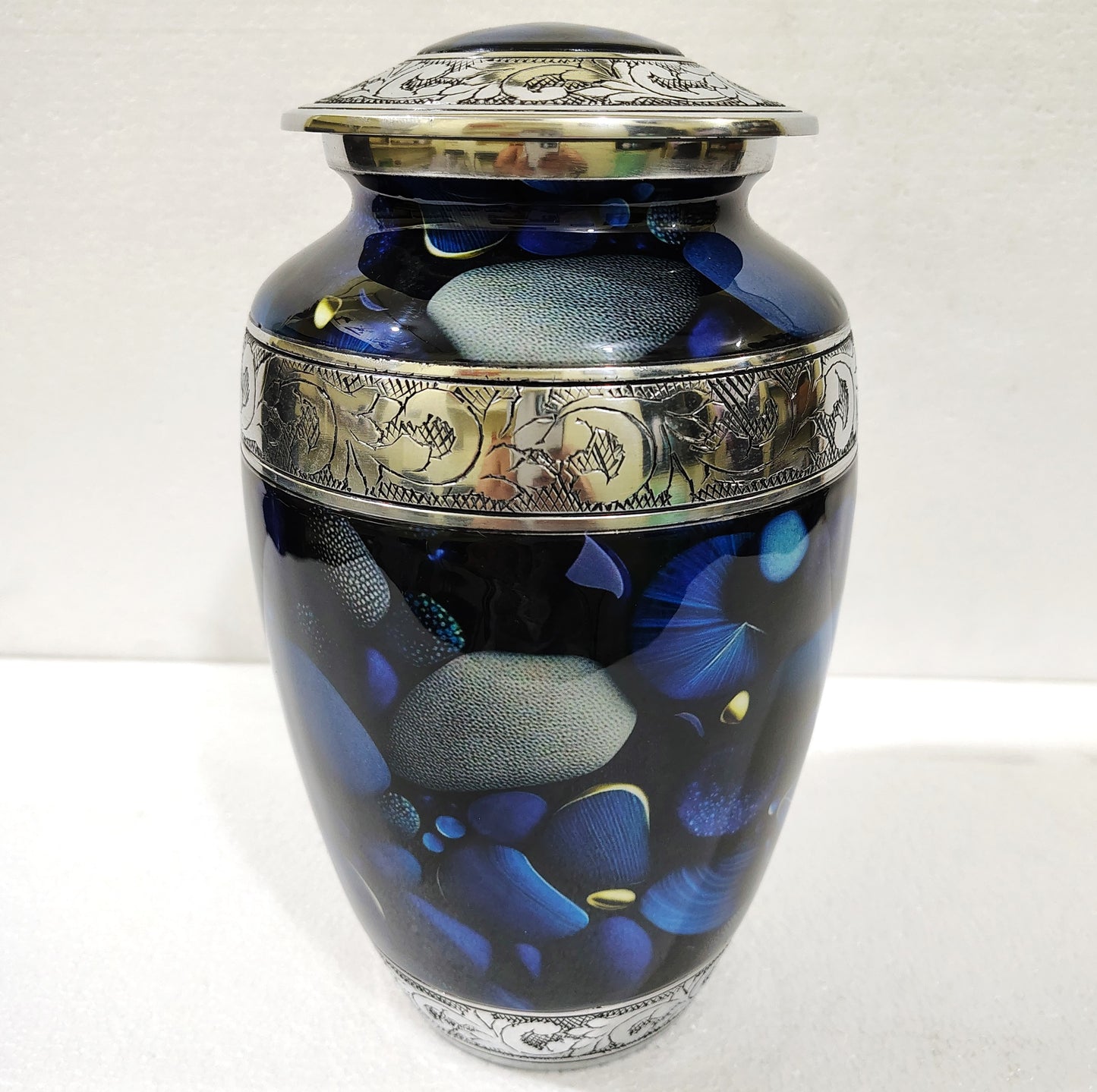 Midnight Sonata – Artisan Memorial Cremation Urn for Ashes in Deep Indigo and Silver, 10 Inches with Velvet Bag