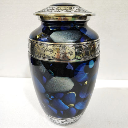 Midnight Sonata – Artisan Memorial Cremation Urn for Ashes in Deep Indigo and Silver, 10 Inches with Velvet Bag