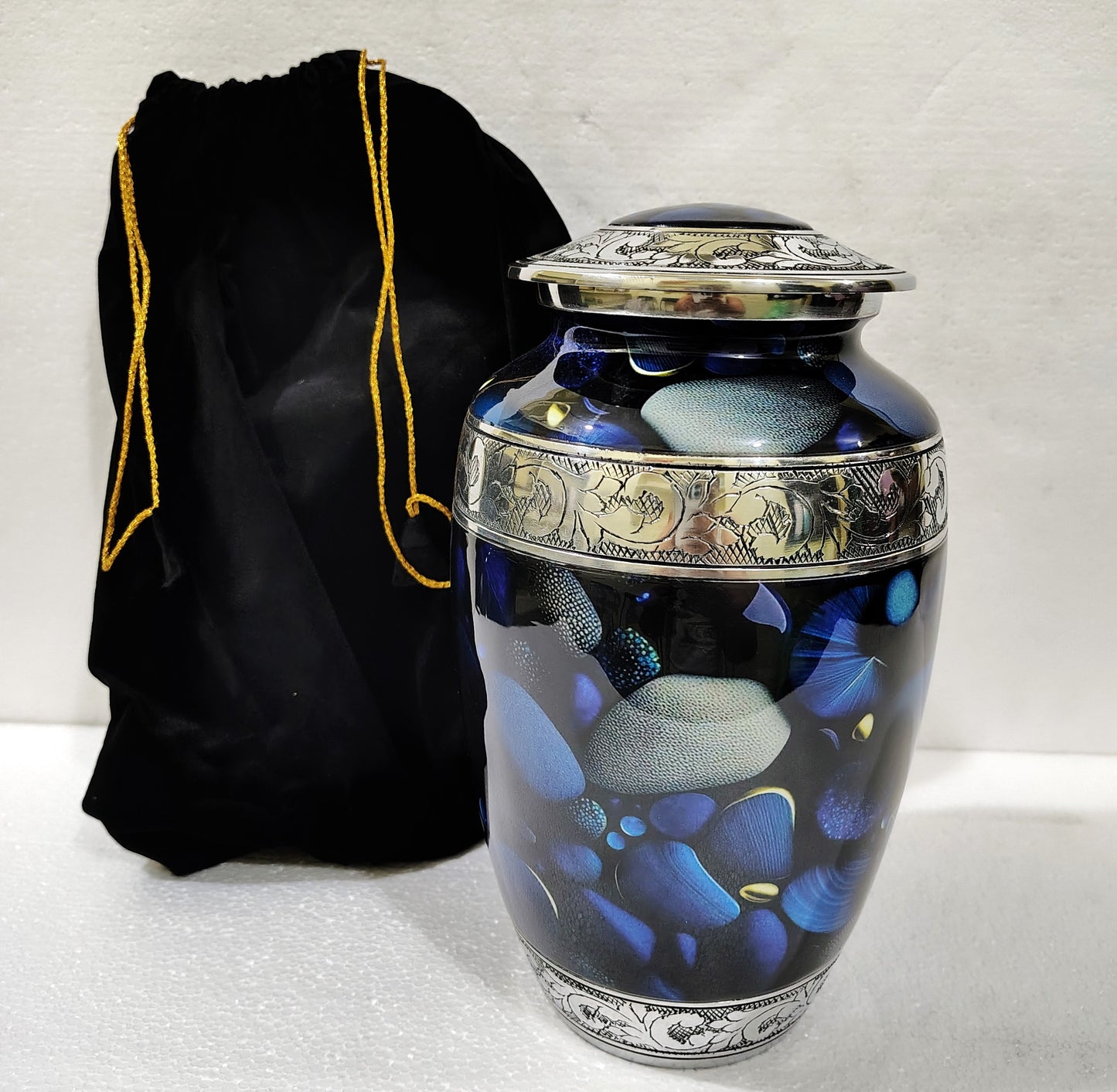 Midnight Sonata – Artisan Memorial Cremation Urn for Ashes in Deep Indigo and Silver, 10 Inches with Velvet Bag