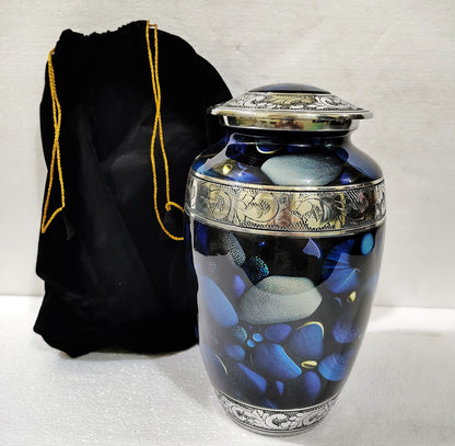 Midnight Sonata – Artisan Memorial Cremation Urn for Ashes in Deep Indigo and Silver, 10 Inches with Velvet Bag