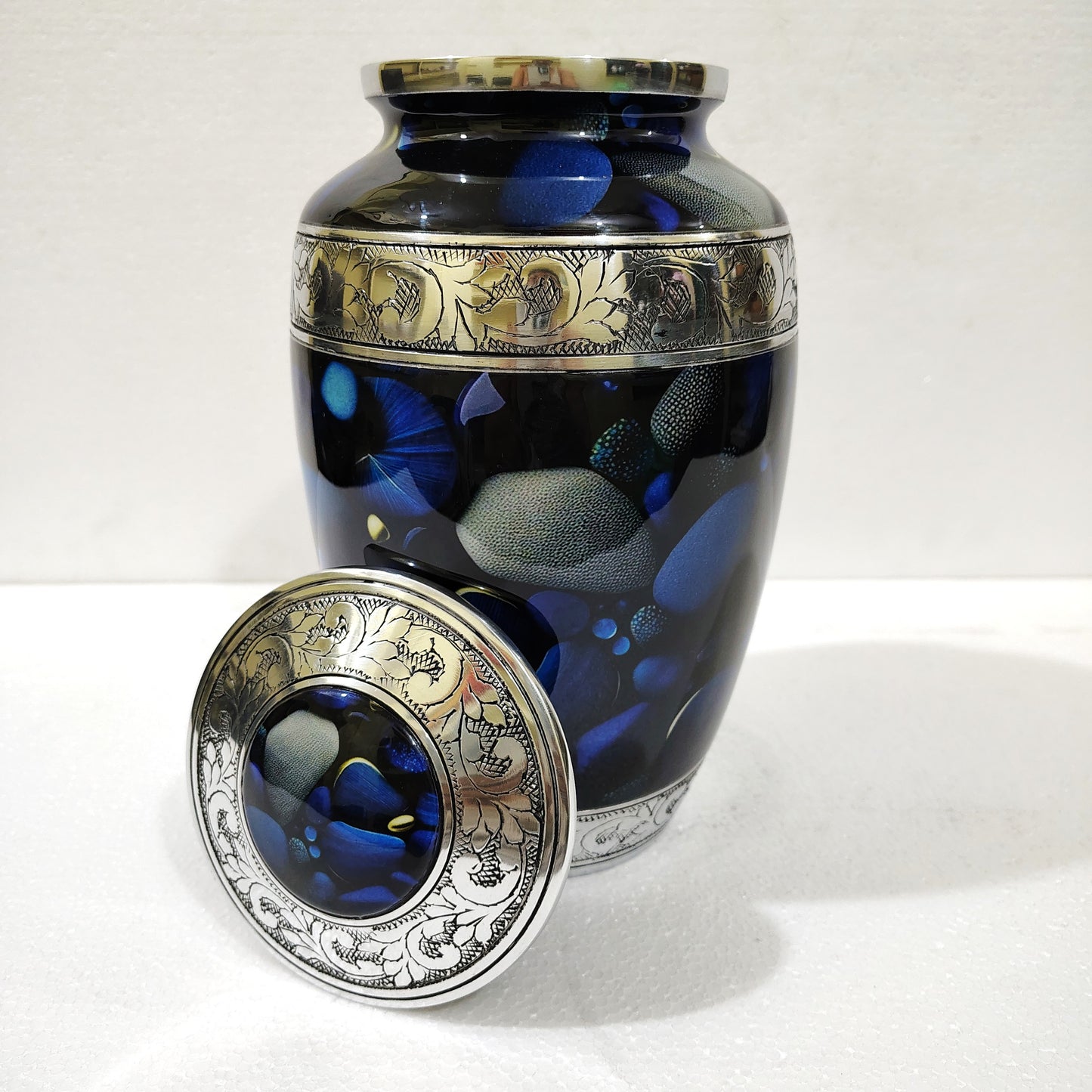 Midnight Sonata – Artisan Memorial Cremation Urn for Ashes in Deep Indigo and Silver, 10 Inches with Velvet Bag