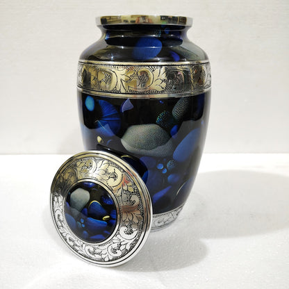 Midnight Sonata – Artisan Memorial Cremation Urn for Ashes in Deep Indigo and Silver, 10 Inches with Velvet Bag