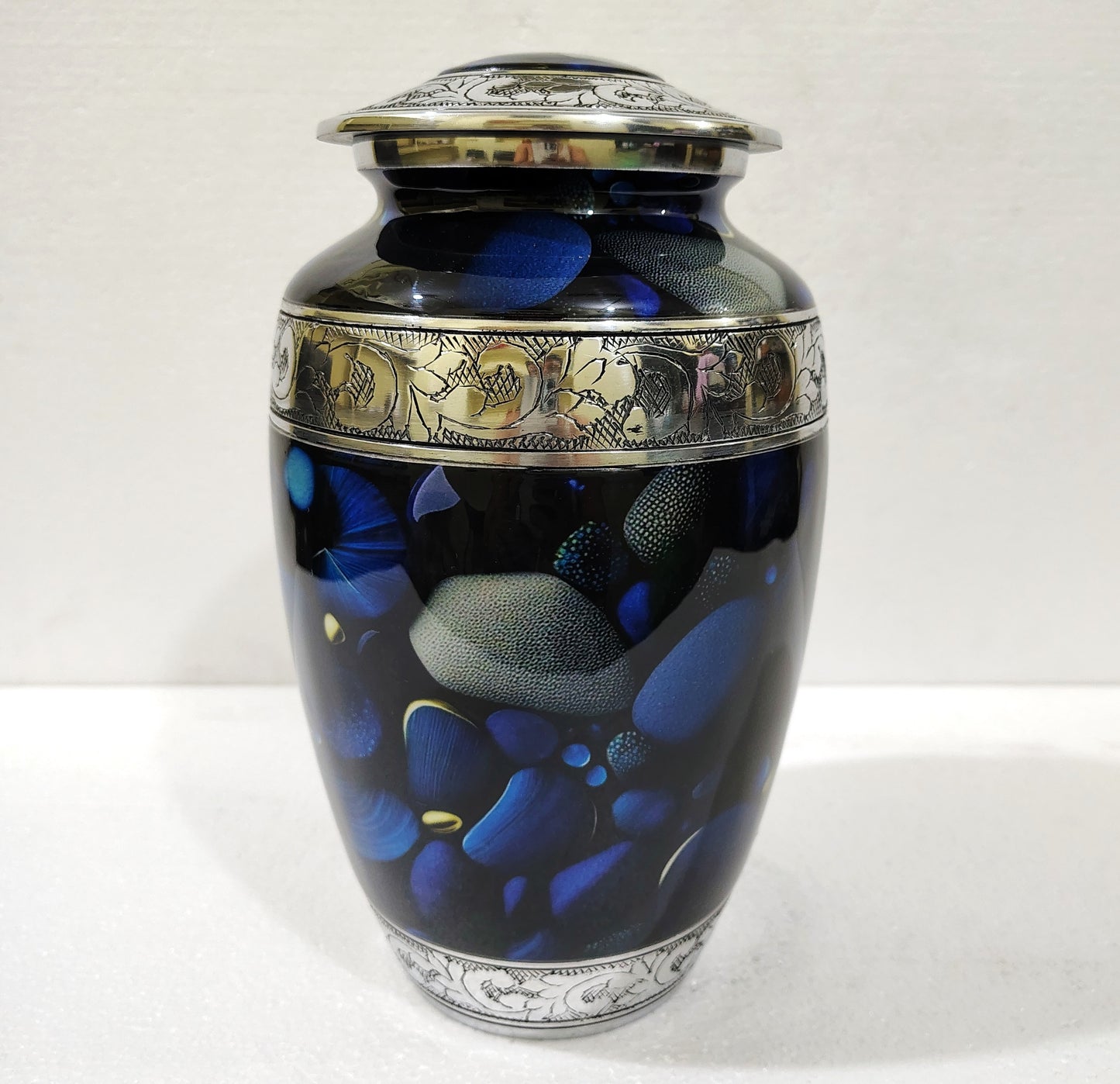 Midnight Sonata – Artisan Memorial Cremation Urn for Ashes in Deep Indigo and Silver, 10 Inches with Velvet Bag