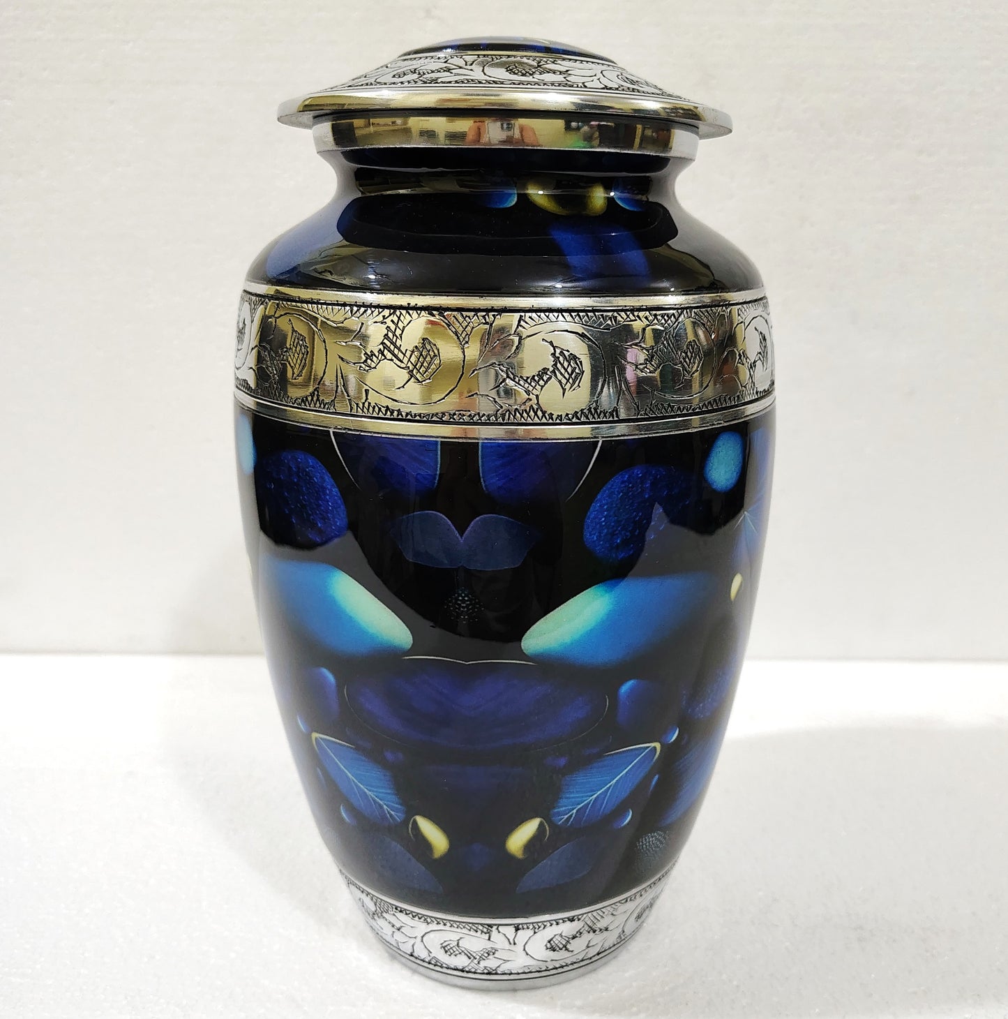 Midnight Sonata – Artisan Memorial Cremation Urn for Ashes in Deep Indigo and Silver, 10 Inches with Velvet Bag