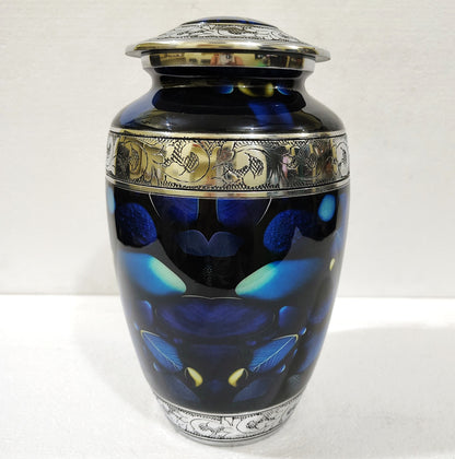 Midnight Sonata – Artisan Memorial Cremation Urn for Ashes in Deep Indigo and Silver, 10 Inches with Velvet Bag
