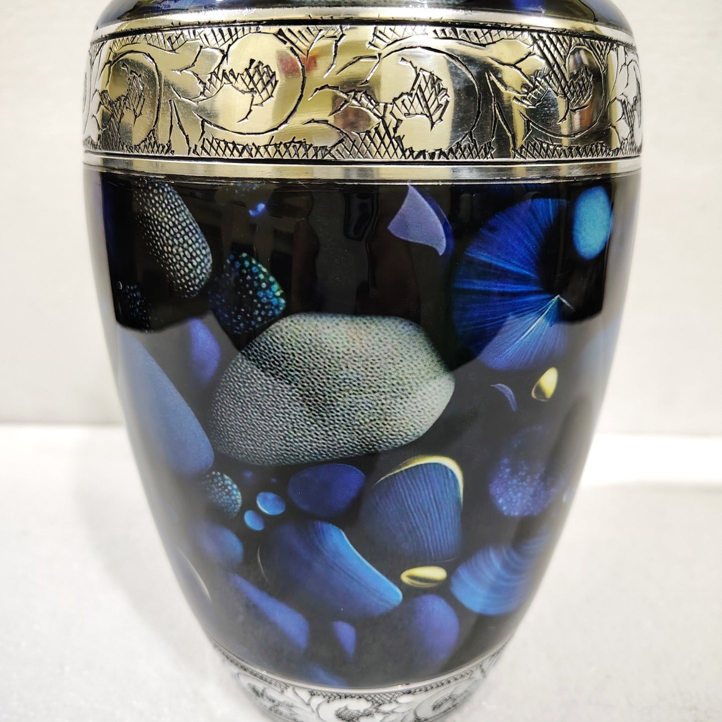 Midnight Sonata – Artisan Memorial Cremation Urn for Ashes in Deep Indigo and Silver, 10 Inches with Velvet Bag