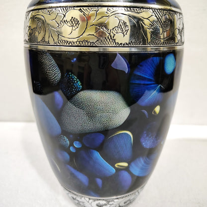 Midnight Sonata – Artisan Memorial Cremation Urn for Ashes in Deep Indigo and Silver, 10 Inches with Velvet Bag