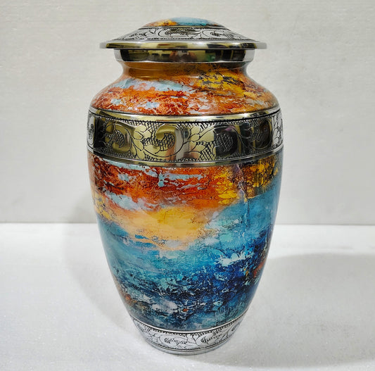 Solstice Flame  Ember & Ocean – Artisan Sunset Cremation Urn for Ashes with Etched Silver Accents, 10 Inches with Velvet Bag