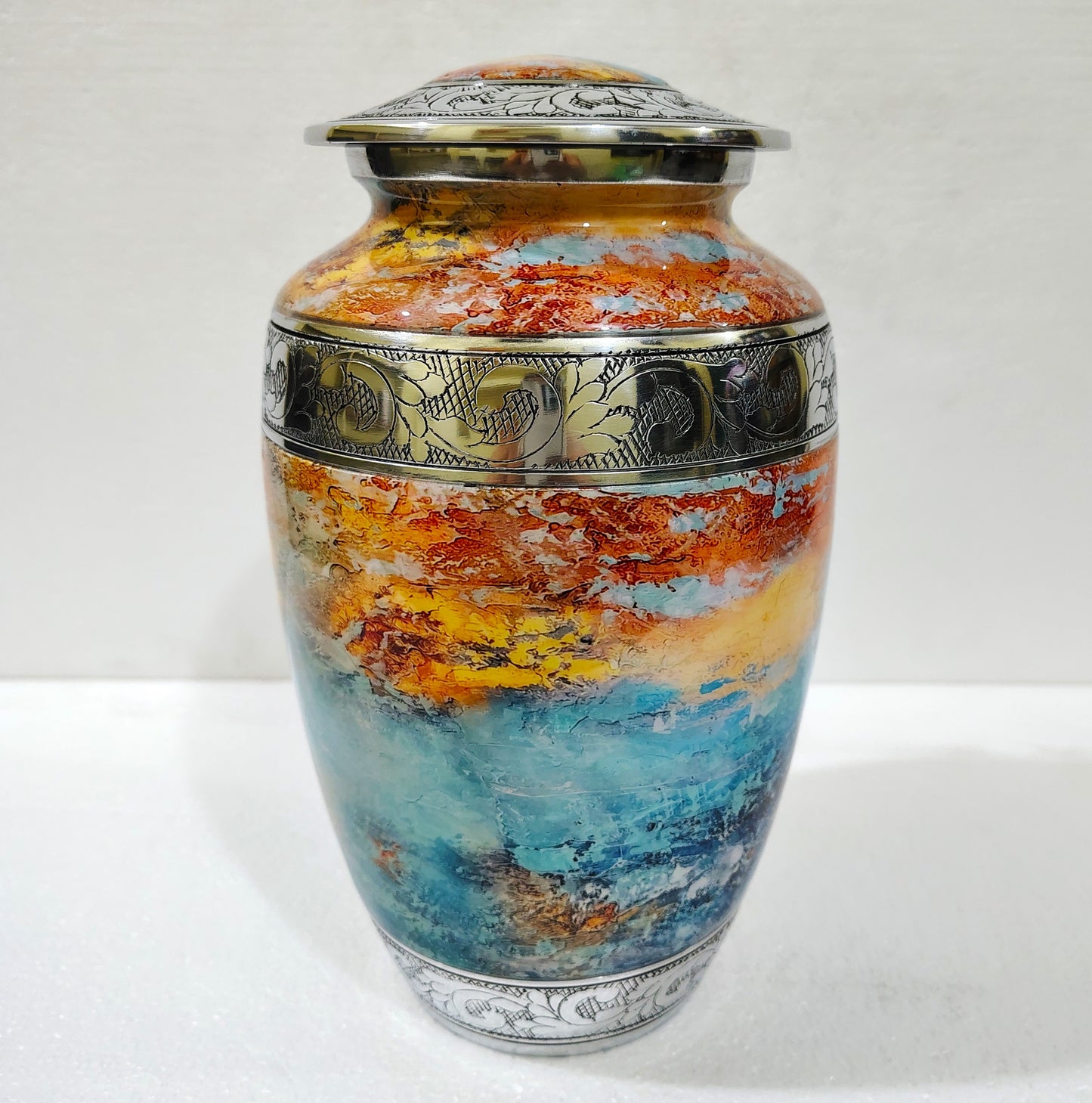 Solstice Flame  Ember & Ocean – Artisan Sunset Cremation Urn for Ashes with Etched Silver Accents, 10 Inches with Velvet Bag
