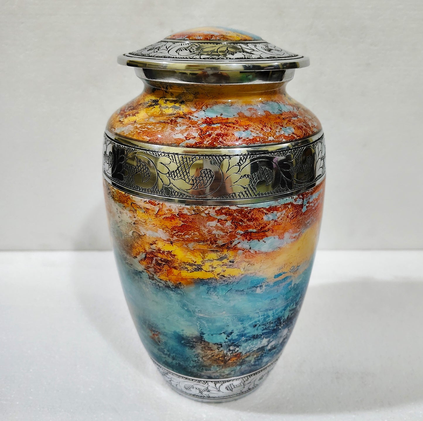Solstice Flame  Ember & Ocean – Artisan Sunset Cremation Urn for Ashes with Etched Silver Accents, 10 Inches with Velvet Bag