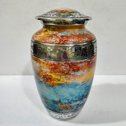 Solstice Flame  Ember & Ocean – Artisan Sunset Cremation Urn for Ashes with Etched Silver Accents, 10 Inches with Velvet Bag