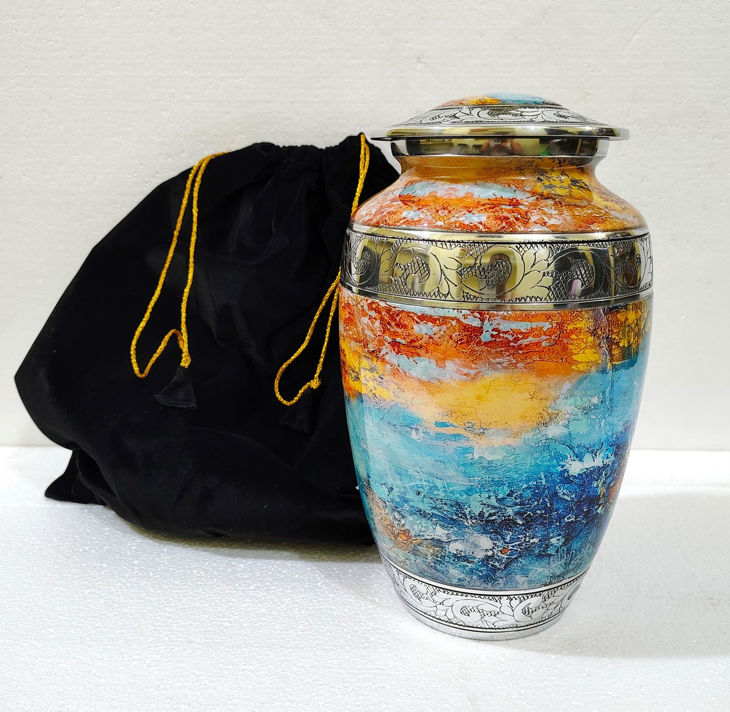 Solstice Flame  Ember & Ocean – Artisan Sunset Cremation Urn for Ashes with Etched Silver Accents, 10 Inches with Velvet Bag