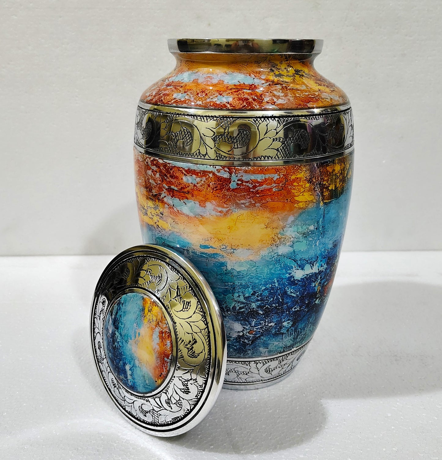 Solstice Flame  Ember & Ocean – Artisan Sunset Cremation Urn for Ashes with Etched Silver Accents, 10 Inches with Velvet Bag