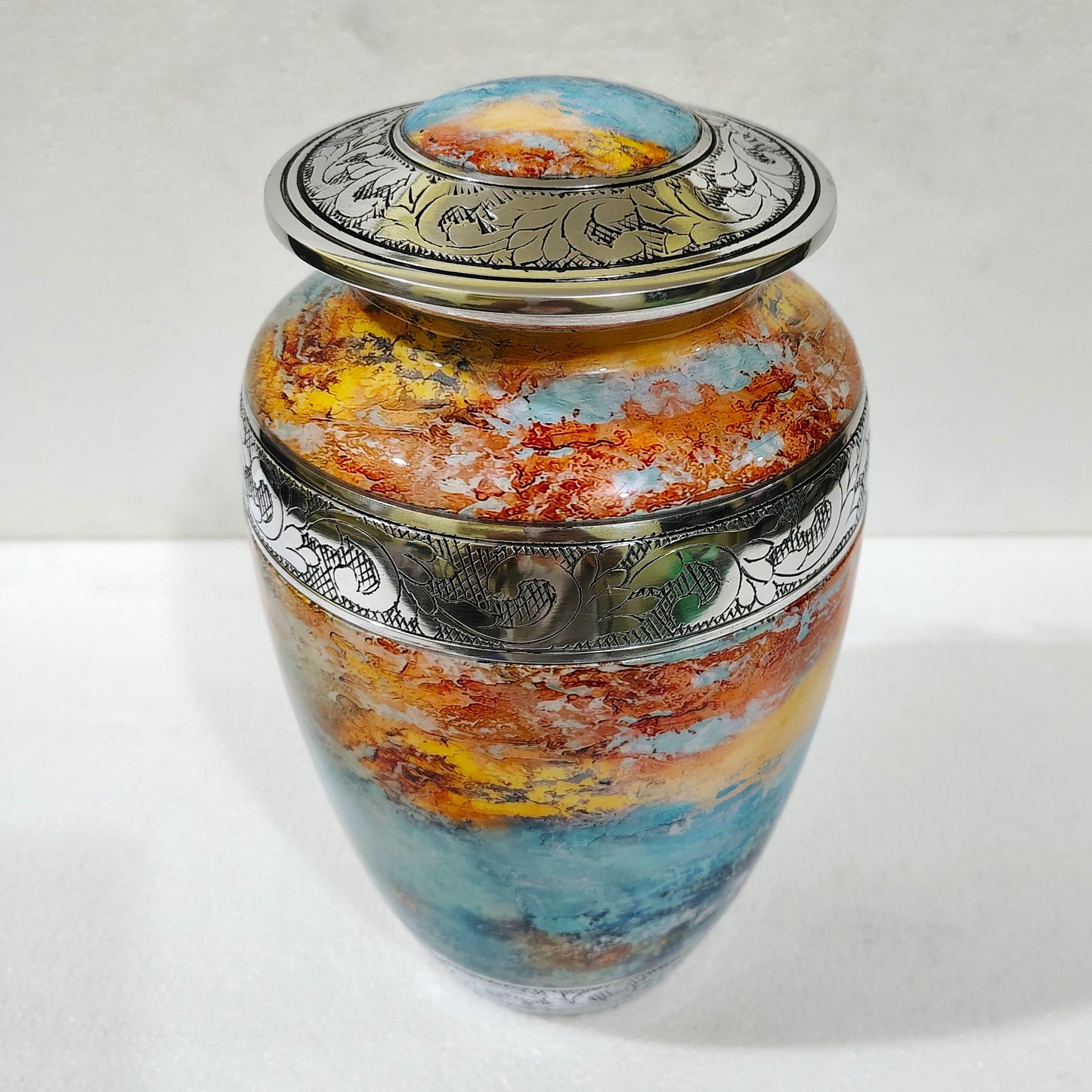Solstice Flame  Ember & Ocean – Artisan Sunset Cremation Urn for Ashes with Etched Silver Accents, 10 Inches with Velvet Bag
