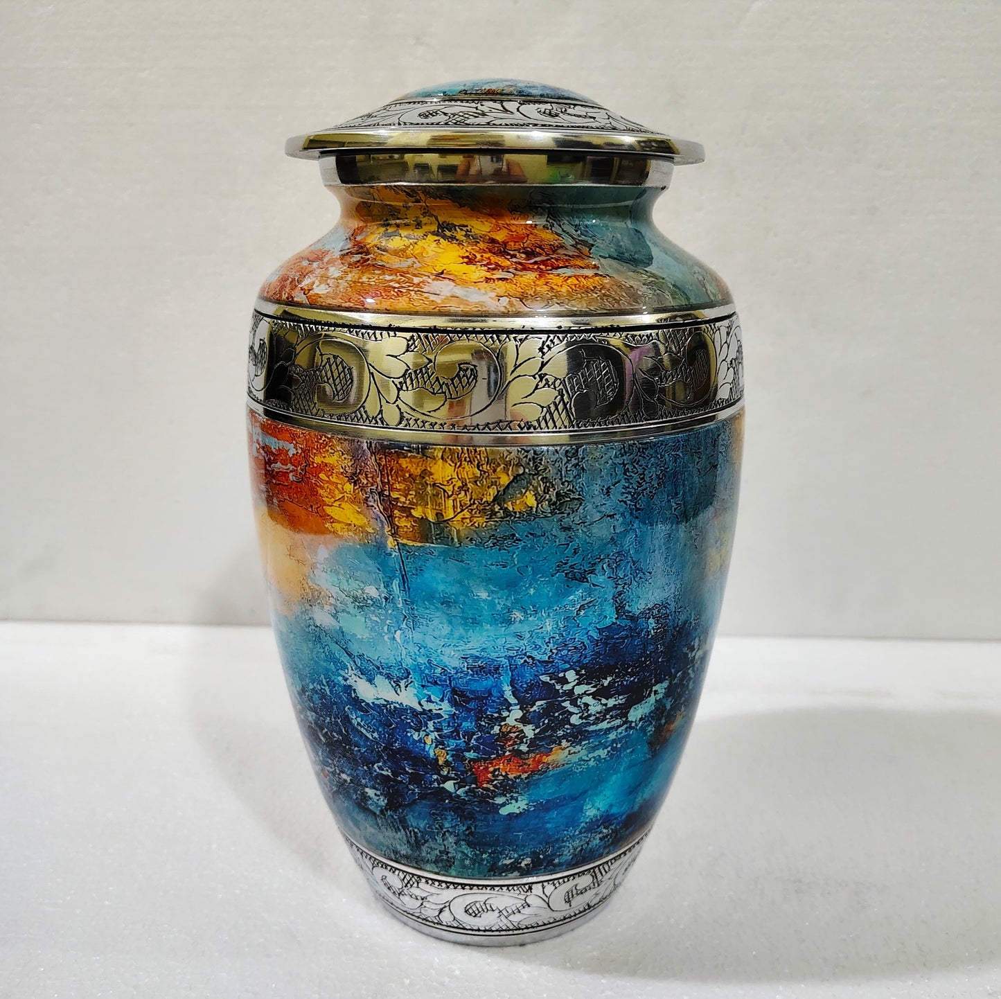 Solstice Flame  Ember & Ocean – Artisan Sunset Cremation Urn for Ashes with Etched Silver Accents, 10 Inches with Velvet Bag