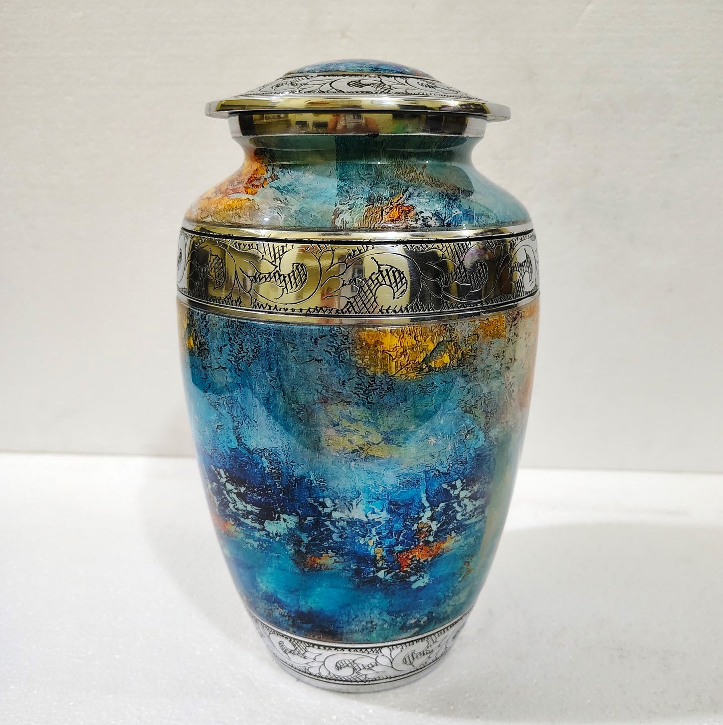 Solstice Flame  Ember & Ocean – Artisan Sunset Cremation Urn for Ashes with Etched Silver Accents, 10 Inches with Velvet Bag
