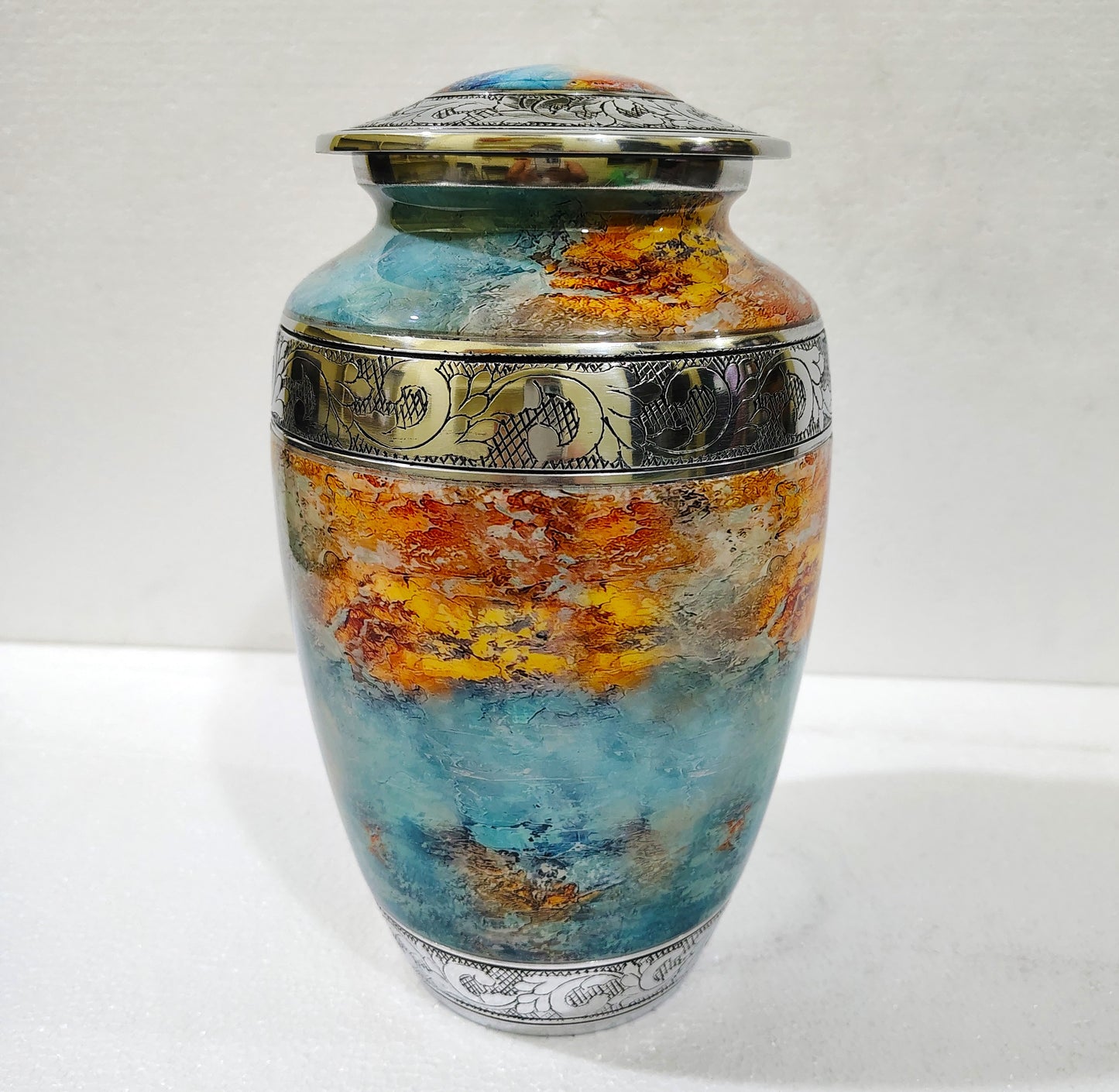 Solstice Flame  Ember & Ocean – Artisan Sunset Cremation Urn for Ashes with Etched Silver Accents, 10 Inches with Velvet Bag