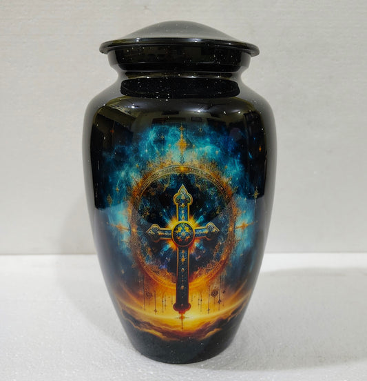 Celestial Redemption – Faithful Rest Cremation Urn for Ashes with Radiant Cross and Starfield Design, 10 Inches with Velvet Bag