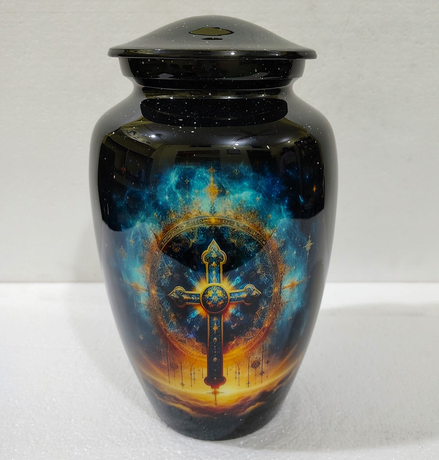 Celestial Redemption – Faithful Rest Cremation Urn for Ashes with Radiant Cross and Starfield Design, 10 Inches with Velvet Bag