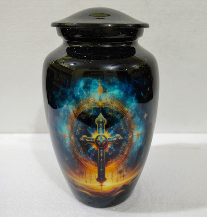 Celestial Redemption – Faithful Rest Cremation Urn for Ashes with Radiant Cross and Starfield Design, 10 Inches with Velvet Bag