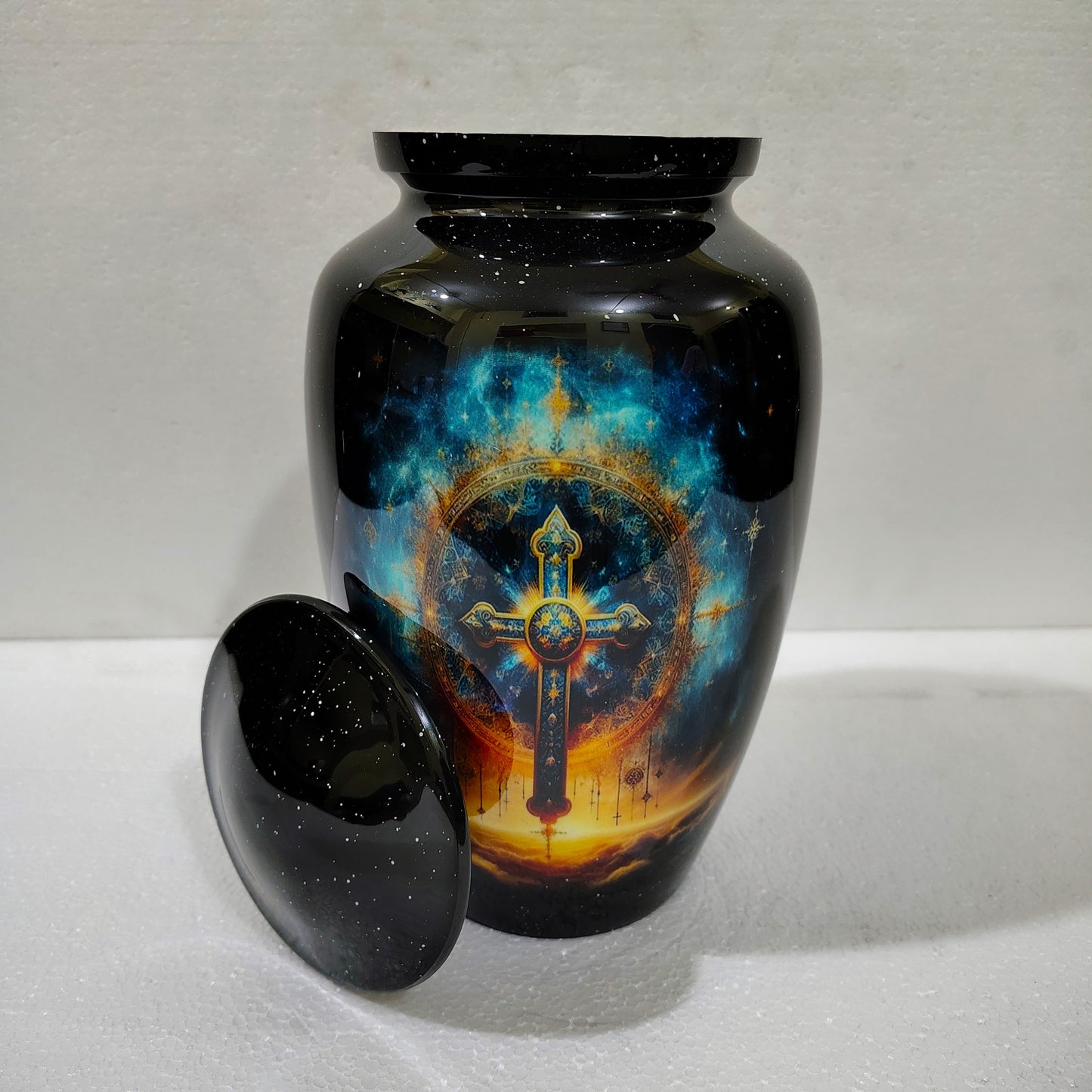 Celestial Redemption – Faithful Rest Cremation Urn for Ashes with Radiant Cross and Starfield Design, 10 Inches with Velvet Bag