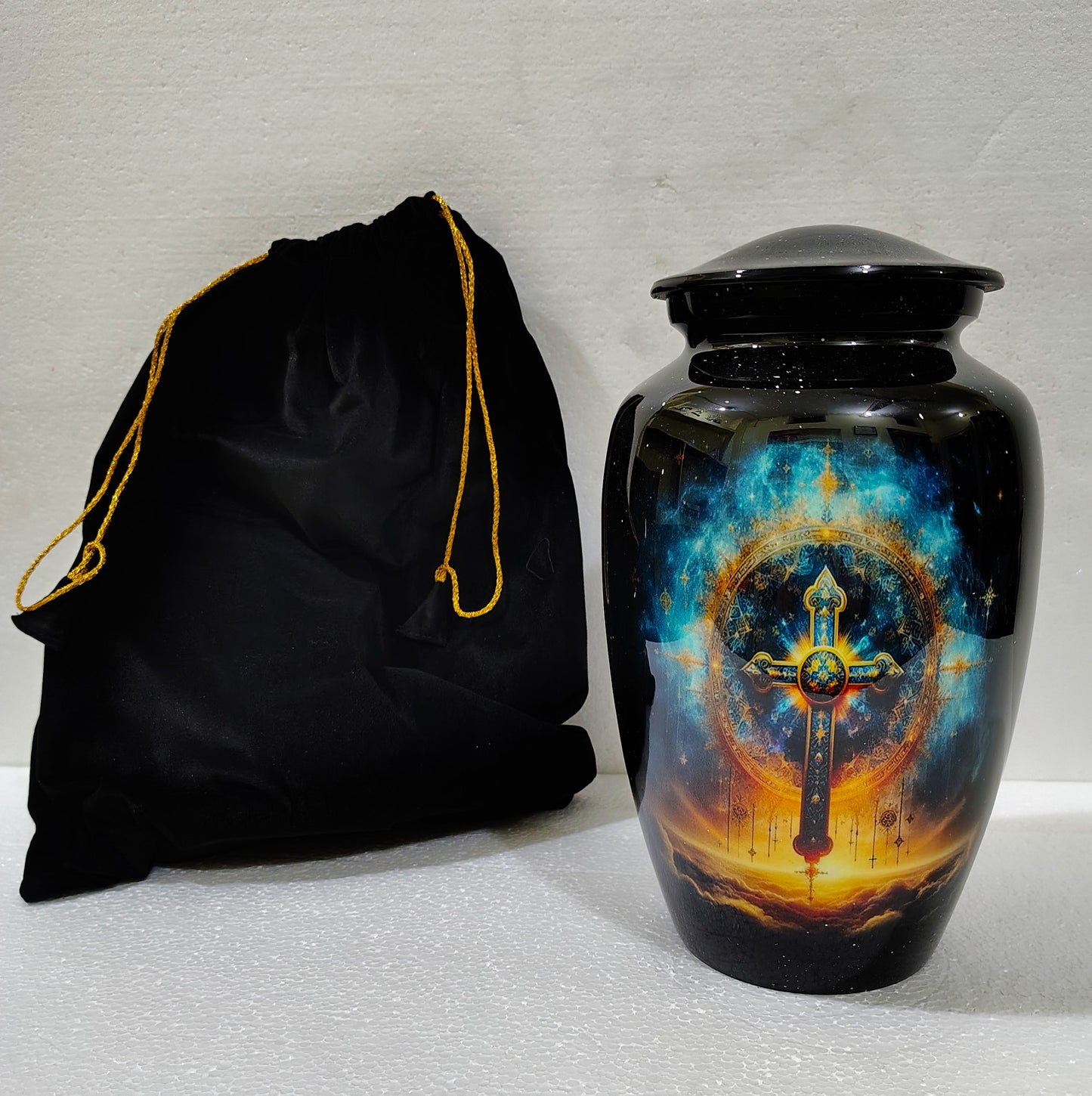 Celestial Redemption – Faithful Rest Cremation Urn for Ashes with Radiant Cross and Starfield Design, 10 Inches with Velvet Bag