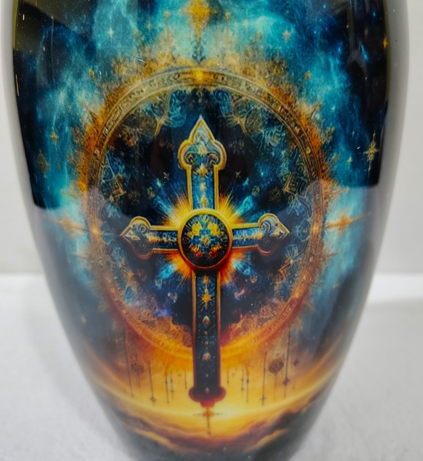 Celestial Redemption – Faithful Rest Cremation Urn for Ashes with Radiant Cross and Starfield Design, 10 Inches with Velvet Bag